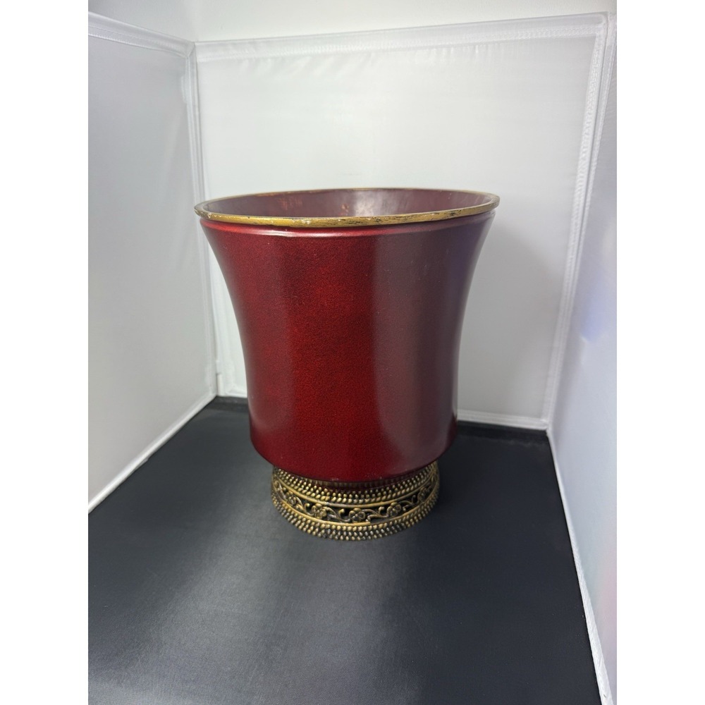 Vintage Style Mahogany Gold Elegant Waste Basket Bathroom Bin Resin 10" Tall‎